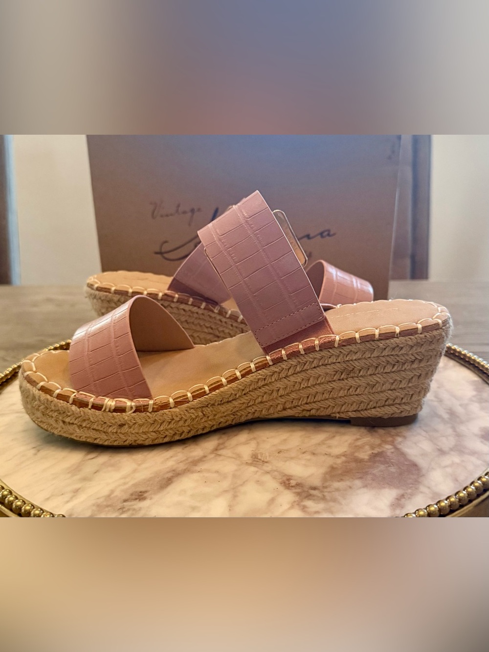 Vintage Havana Pink Croc-Embossed Espadrille Wedge Slide Sandals |Sz. 8.5 (NWB) - Picture 2 of 7